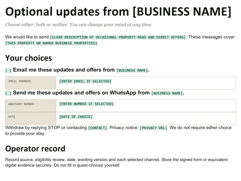 Extract from the editable registration form with separate optional email and WhatsApp permissions
