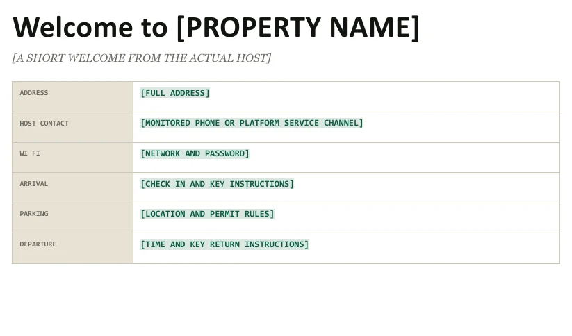 Extract from the editable welcome book showing useful guest essentials